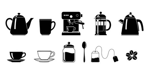 A collection of tea and coffee making icons for cafe and hot beverage concepts.
