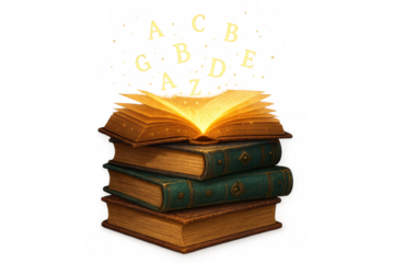 Stack of old magical books with glowing open pages and floating alphabet letters on transparency