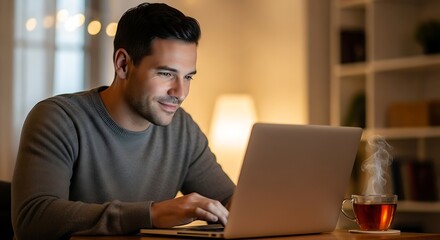 A smiling young man, casually dressed, works on his laptop in a cozy, softly lit home environment during the evening.