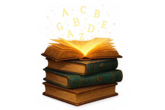 Stack of old magical books with glowing open pages and floating alphabet letters on transparency