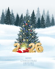 Merry Christmas and Happy New Year Holiday background with magic box, Christmas tree and gold glitter 2026 numbers. Vector.