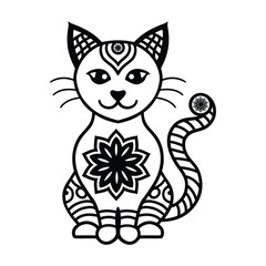 A cute cat mandala decorative illustration with floral pattern isolated on white background.