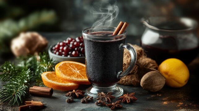 Winter fuit Punch. Seasonal hot drink made with wine, orange, cranberry, spiced with cinnamon and anise.