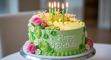 Beautifully decorated green birthday cake with lit candles and flowers