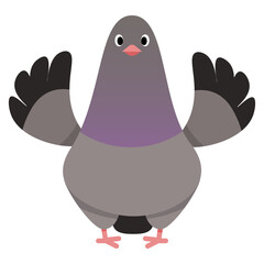 Cute urban gray pigeon character with raised wings