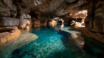 Stunning underground river in a cave crystal clear turquoise water natural wonder and geological formation