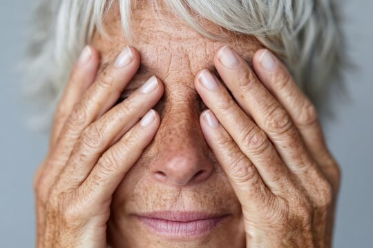 Elderly woman partially hiding her face with hands, showing emotion and vulnerability in a close-up setting - Powered by Adobe