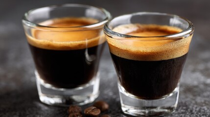 Close-up detail of two small espresso glasses filled with fresh, dark coffee, highlighting the rich color and crema on their surface.