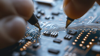 Precision work on a circuit board, with focused soldering creating intricate connections. Electronics maintenance and computer repair services in action. Delicate task of microelectronics.