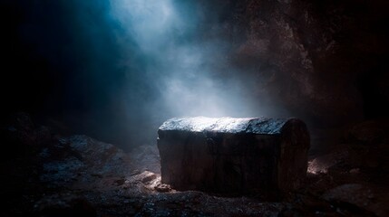 A beam of light illuminates an ancient treasure chest hidden within a dark rocky cave