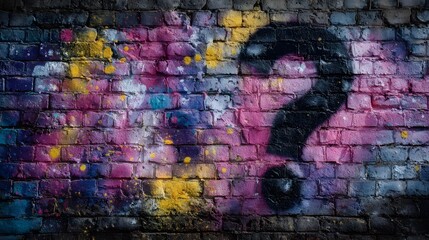 A black question mark spray painted on a colorful graffiti covered brick wall