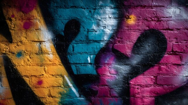 Vibrant colorful graffiti artwork decorates a weathered brick wall creating a dynamic urban scene