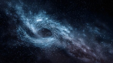 Swirling cosmic vortex with geometric network in deep space glowing with blue and purple light