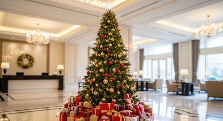 A grand Christmas tree adorned with ornaments and gifts in a hotel lobby.