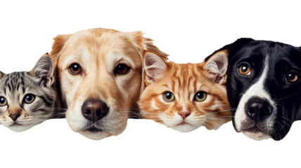 Cute golden retriever, cats and dog headshot portrait