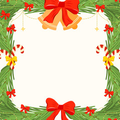 Vector Christmas wreath border made of pine and fir branches with bow, garland. Elegant holiday frame suitable for invitations, posters, greeting cards, and seasonal decoration with space for text