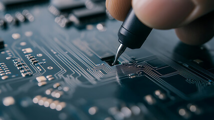 An electronics technician is probing a circuit board with a tool, focused on testing and repair. The PCB shows intricate circuitry and tiny components during maintenance.