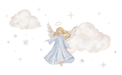 Christmas composition with angel nimbus among the clouds moon. Watercolor illustration Christian Nativity angel with wings and stars isolated on background for religious baptism invitation.