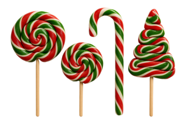 Set of red striped lollipops and candy canes. Sweet Christmas candy mix.