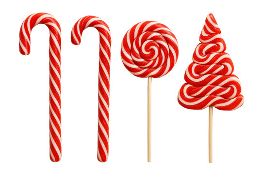 Set of red and green striped lollipops and candy canes. Sweet Christmas candy mix.