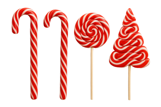 Set of red and green striped lollipops and candy canes. Sweet Christmas candy mix.