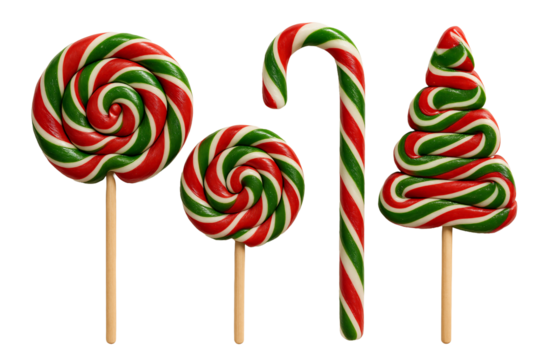 Set of red striped lollipops and candy canes. Sweet Christmas candy mix.