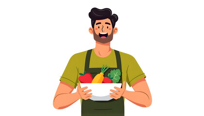 Illustration of a woman holding a basket of fresh fruits and vegetables . World Vegetarian Day