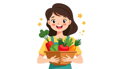 Illustration of a woman holding a basket of fresh fruits and vegetables . World Vegetarian Day	