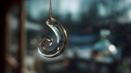 A delicate clear glass swirl ornament hangs by a golden chain in front of a softly blurred window