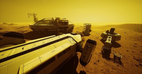 In a desolate yellow environment, futuristic vehicles sit dormant on rocky terrain. The atmosphere suggests twilight, casting an eerie glow on the surrounding area. - Powered by Adobe