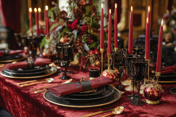 Luxurious Christmas dining table close-up with velvet tablecloth, goblets, gold cutlery, red taper candles, floral centerpiece, glitter ornaments, warm candlelight bokeh. Shallow depth of field
