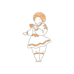 Cheerful Woman with Coffee Mug: Minimalist Ruffled Dress Line Art