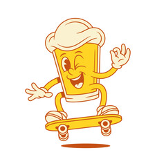Retro Cartoon Beer Mascot: Happy Skateboarder Icon