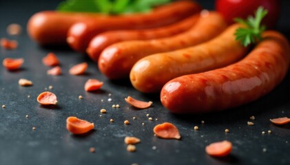 Spicy Italian Sausage Links Fanned Out on Slate with Red Pepper Flakes Close up overhead view of several spicy Italian sausage links fanned out in a semi circle on a dark, textured slate surface.