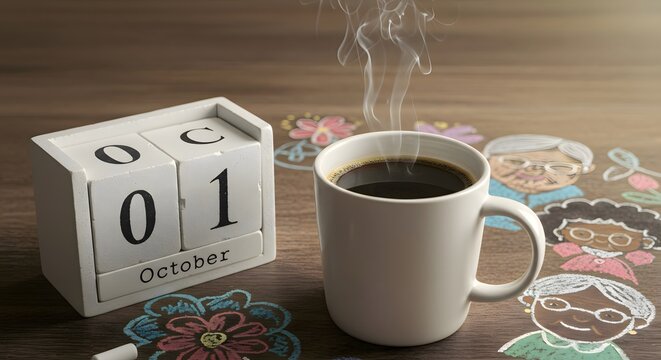 Coffee mug and calendor with october 1, for International Day of Older Persons