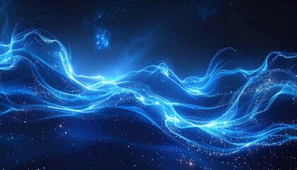 An abstract image showcases swirling, glowing blue energy forms with sparkling particles against a dark, cosmic background
