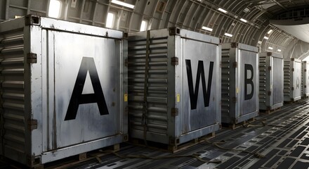 Metal containers with "A W B" letters for Air Waybill, on aircraft setting