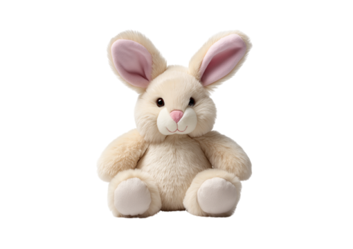 Cream colored stuffed rabbit with pink ears isolated on a transparent background