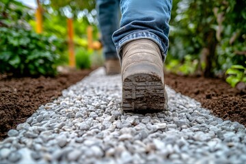 Worker boot stepping on white gravel garden path, installation and compaction in process