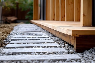 Stone step walkway with gravel infill beside wooden deck in landscaped backyard