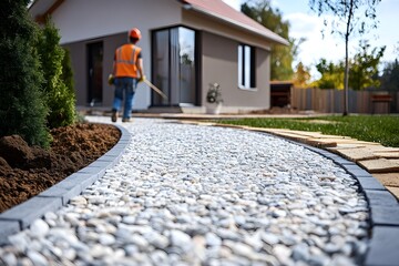 Curved white gravel walkway with stone edging in landscaped yard as worker maintains garden