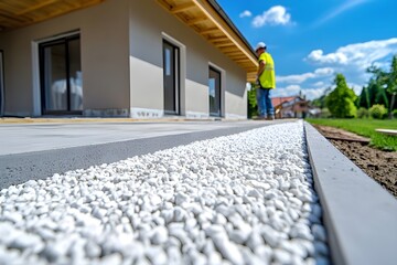 Linear strip of white gravel along patio edge at modern house with worker inspecting