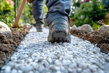 Worker boot on white gravel path in lush garden during walkway installation