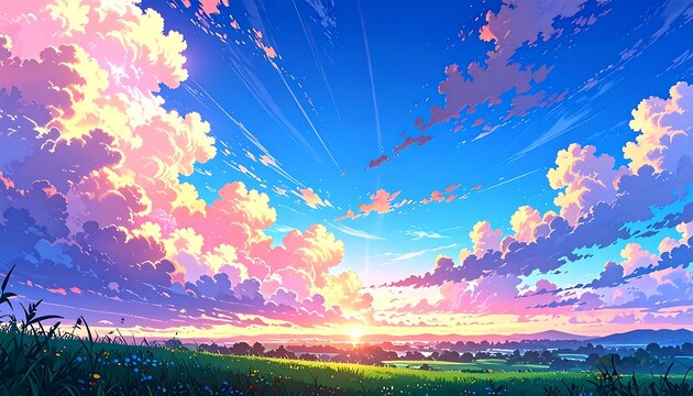 An anime-style depiction of a vibrant, pastel-colored sunset over a lush green field. Bright clouds fill the sky, and the sun peeks through the horizon