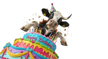 cow bursting out of a birthday cake on a solid white background, dessert, celebration