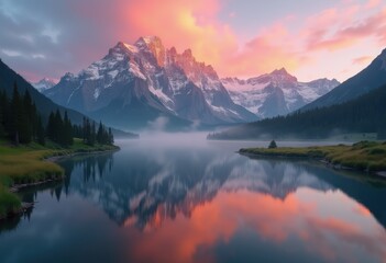 Breathtaking Mountain Range with Mirror-like Lake Below Under Glorious Sunrise