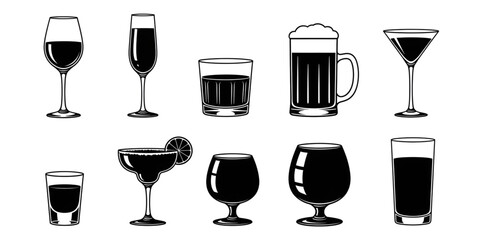A collection of various alcoholic drink and cocktail glass silhouettes for bar and restaurant menus.
