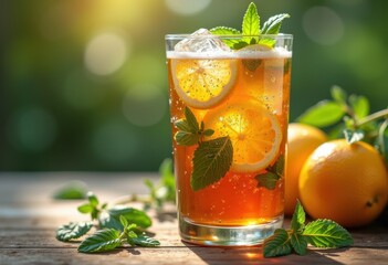 Fototapeta premium Refreshing Iced Tea Drink with Vibrant Herbs and Zesty Lemon Slices Perfect for Summer Hydration