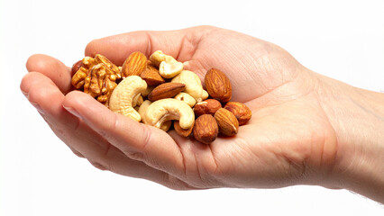 Hand holding assorted mixed nuts on white background