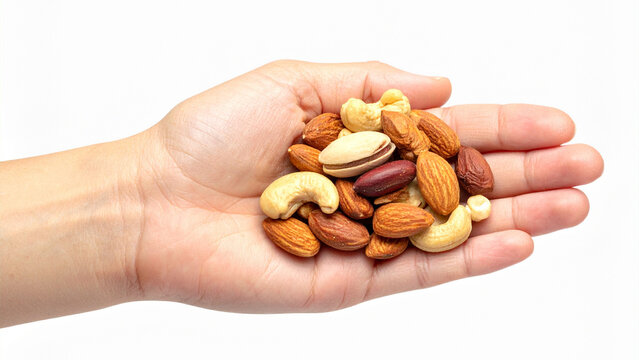 Hand holding assorted mixed nuts on white background
